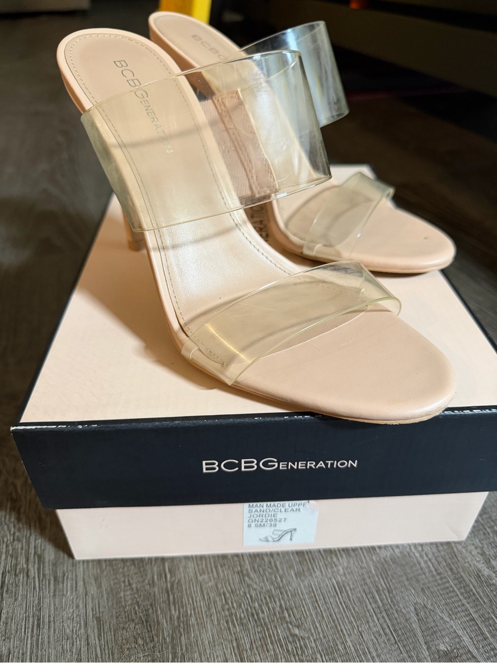 BCBGeneration Nude Pink Clear-Strap Stiletto Sandals